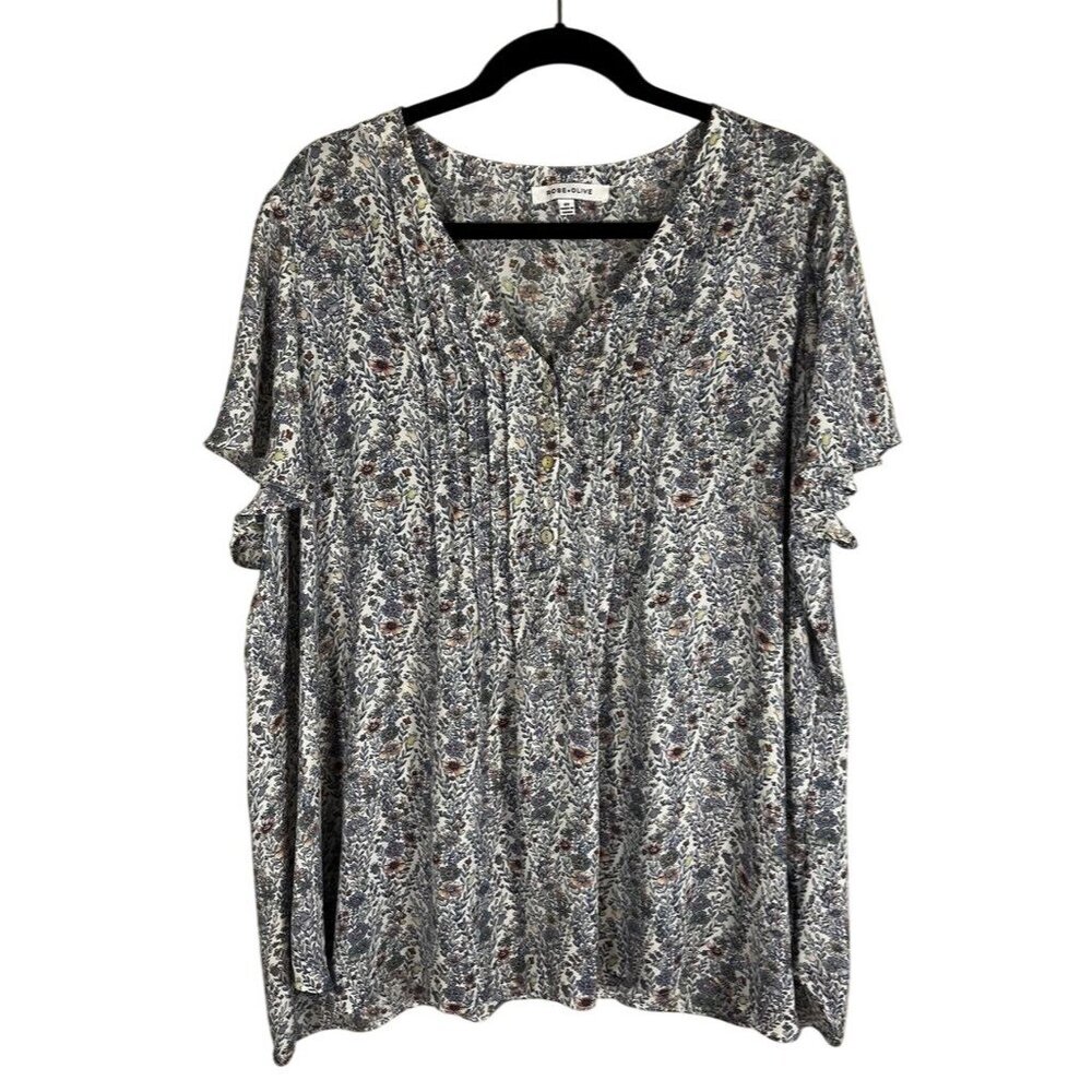 Rose Olive Colorful Floral Top 2X Blue Preppy Boho Indie Folk Feminine Coquette